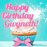 A festive cupcake with pink icing, a gingham bow, and a lit animated sparkler, paired with 'Happy Birthday Gwyneth!' in bright pink text.