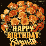 Animated bouquet of orange roses with moving butterfles and golden 'Happy Birthday Gwyneth' text, surrounded by sparkling accents and a dark backdrop for a luxurious feel.