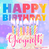 A vibrant animated name GIF with the words 'Happy Birthday Gwyneth' with colorful candles on a creamy cake. The background sparkles with pastel shades, adding a festive touch.