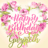 A stunning heart made of pink roses surrounds the elegant script text 'Happy Birthday Gwyneth' on a soft beige background. Animated sparkles add a magical and festive feel.