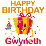 A vibrant and funny gift box character with a happy face dancing with a cupcake and the text 'Happy Birthday Gwyneth,' surrounded by animated confetti and party vibes.