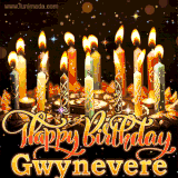 A glowing personalized birthday GIF with name Gwynevere featuring lit candles with intricate designs, warm lighting, and the text 'Happy Birthday' in an elegant font.