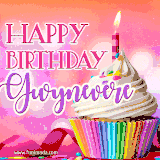 A vibrant birthday GIF featuring a rainbow-colored cupcake topped with white frosting, sprinkles, and a lit candle. The text reads 'Happy Birthday Gwynevere' in bold pink and violet letters with white outline.