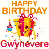 A vibrant and funny gift box character with a happy face dancing with a cupcake and the text 'Happy Birthday Gwynevere,' surrounded by animated confetti and party vibes.