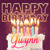 A colorful birthday cake topped with lit candles, with the words 'Happy Birthday Gwynn' in bold glowing letters on a burgundy background. Animated flames add a festive touch.