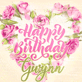 A stunning heart made of pink roses surrounds the elegant script text 'Happy Birthday Gwynn' on a soft beige background. Animated sparkles add a magical and festive feel.