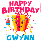 A vibrant and funny gift box character with a happy face dancing with a cupcake and the text 'Happy Birthday Gwynn,' surrounded by animated confetti and party vibes.