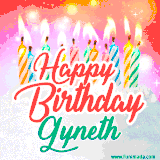 Bright birthday candles with rainbow flames on a cake, alongside the text 'Happy Birthday Gyneth' in vibrant script in this celebratory animated GIF.