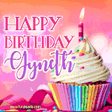 A vibrant birthday GIF featuring a rainbow-colored cupcake topped with white frosting, sprinkles, and a lit candle. The text reads 'Happy Birthday Gyneth' in bold pink and violet letters with white outline.