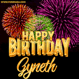 A golden 'Happy Birthday Gyneth' message with vibrant fireworks in the background, creating a festive and celebratory vibe in this animated name GIF.