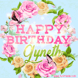 A charming animated GIF featuring 'Happy Birthday Gyneth' in pink and green text, surrounded by delicate roses, leaves, and fluttering butterflies on a soft light blue pastel background.