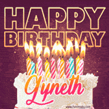 A colorful birthday cake topped with lit candles, with the words 'Happy Birthday Gyneth' in bold glowing letters on a burgundy background. Animated flames add a festive touch.
