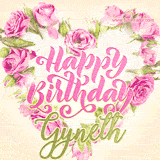 A stunning heart made of pink roses surrounds the elegant script text 'Happy Birthday Gyneth' on a soft beige background. Animated sparkles add a magical and festive feel.