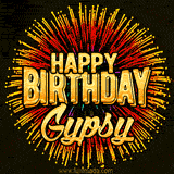Golden 'Happy Birthday Gypsy' text accompanied by animated rainbow fireworks for a festive animated greeting.
