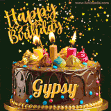 A delightful chocolate birthday cake with bright candles and 'Happy Birthday Gypsy' written in gold amidst a shower of animated stars.