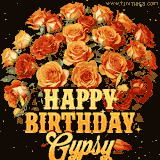 Animated bouquet of orange roses with moving butterfles and golden 'Happy Birthday Gypsy' text, surrounded by sparkling accents and a dark backdrop for a luxurious feel.