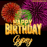 A golden 'Happy Birthday Gypsy' message with vibrant fireworks in the background, creating a festive and celebratory vibe in this animated name GIF.