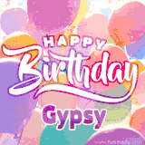 A vibrant name GIF featuring colorful balloons in shades of pink, orange, and yellow with the bold text 'Happy Birthday Gypsy' in festive fonts, creating a lively birthday vibe.