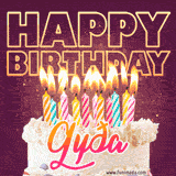 A colorful birthday cake topped with lit candles, with the words 'Happy Birthday Gyða' in bold glowing letters on a burgundy background. Animated flames add a festive touch.