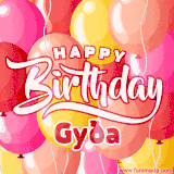 A vibrant name GIF featuring colorful balloons in shades of pink, orange, and yellow with the bold text 'Happy Birthday Gyða' in festive fonts, creating a lively birthday vibe.