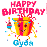 A vibrant and funny gift box character with a happy face dancing with a cupcake and the text 'Happy Birthday Gyða,' surrounded by animated confetti and party vibes.