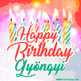 Bright birthday candles with rainbow flames on a cake, alongside the text 'Happy Birthday Gyöngyi' in vibrant script in this celebratory animated GIF.