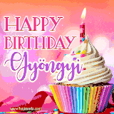 A vibrant birthday GIF featuring a rainbow-colored cupcake topped with white frosting, sprinkles, and a lit candle. The text reads 'Happy Birthday Gyöngyi' in bold pink and violet letters with white outline.