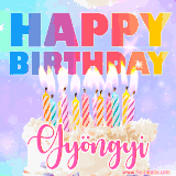 A vibrant animated name GIF with the words 'Happy Birthday Gyöngyi' with colorful candles on a creamy cake. The background sparkles with pastel shades, adding a festive touch.