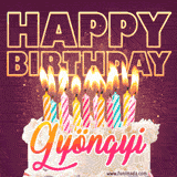A colorful birthday cake topped with lit candles, with the words 'Happy Birthday Gyöngyi' in bold glowing letters on a burgundy background. Animated flames add a festive touch.