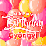 A vibrant name GIF featuring colorful balloons in shades of pink, orange, and yellow with the bold text 'Happy Birthday Gyöngyi' in festive fonts, creating a lively birthday vibe.
