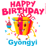 A vibrant and funny gift box character with a happy face dancing with a cupcake and the text 'Happy Birthday Gyöngyi,' surrounded by animated confetti and party vibes.