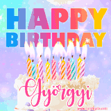 A vibrant animated name GIF with the words 'Happy Birthday Györgyi' with colorful candles on a creamy cake. The background sparkles with pastel shades, adding a festive touch.