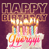 A colorful birthday cake topped with lit candles, with the words 'Happy Birthday Györgyi' in bold glowing letters on a burgundy background. Animated flames add a festive touch.