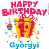 A vibrant and funny gift box character with a happy face dancing with a cupcake and the text 'Happy Birthday Györgyi,' surrounded by animated confetti and party vibes.