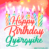 Bright birthday candles with rainbow flames on a cake, alongside the text 'Happy Birthday Györgyike' in vibrant script in this celebratory animated GIF.