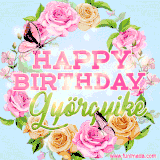 A charming animated GIF featuring 'Happy Birthday Györgyike' in pink and green text, surrounded by delicate roses, leaves, and fluttering butterflies on a soft light blue pastel background.