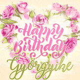 A stunning heart made of pink roses surrounds the elegant script text 'Happy Birthday Györgyike' on a soft beige background. Animated sparkles add a magical and festive feel.