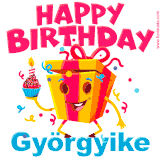 A vibrant and funny gift box character with a happy face dancing with a cupcake and the text 'Happy Birthday Györgyike,' surrounded by animated confetti and party vibes.