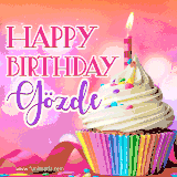 A vibrant birthday GIF featuring a rainbow-colored cupcake topped with white frosting, sprinkles, and a lit candle. The text reads 'Happy Birthday Gözde' in bold pink and violet letters with white outline.