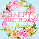 A charming animated GIF featuring 'Happy Birthday Gözde' in pink and green text, surrounded by delicate roses, leaves, and fluttering butterflies on a soft light blue pastel background.