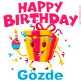 A vibrant and funny gift box character with a happy face dancing with a cupcake and the text 'Happy Birthday Gözde,' surrounded by animated confetti and party vibes.