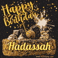 Celebrate Hadassah's birthday with a GIF featuring chocolate cake, a lit sparkler, and golden stars