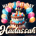 Hand-drawn happy birthday cake adorned with an arch of colorful balloons - name GIF for Hadassah