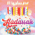 Personalized for Hadassah elegant birthday cake adorned with rainbow sprinkles, colorful candles and glitter