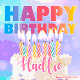 A vibrant animated name GIF with the words 'Happy Birthday Hadlie' with colorful candles on a creamy cake. The background sparkles with pastel shades, adding a festive touch.
