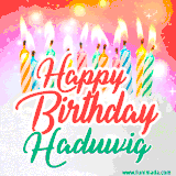 Bright birthday candles with rainbow flames on a cake, alongside the text 'Happy Birthday Haduwig' in vibrant script in this celebratory animated GIF.