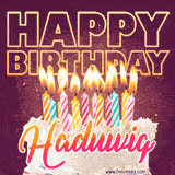 A colorful birthday cake topped with lit candles, with the words 'Happy Birthday Haduwig' in bold glowing letters on a burgundy background. Animated flames add a festive touch.