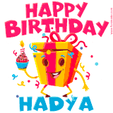 A vibrant and funny gift box character with a happy face dancing with a cupcake and the text 'Happy Birthday Hadya,' surrounded by animated confetti and party vibes.