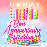 A white birthday cake covered in colorful sprinkles, topped with bright candles, and French text 'Bon Anniversaire Haedyn' on a pastel gradient background in an animated GIF.