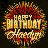 Golden 'Happy Birthday Haedyn' text accompanied by animated rainbow fireworks for a festive animated greeting.